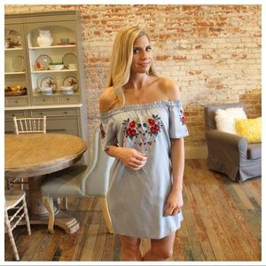 Denim Embroidered Off Shoulder Dress